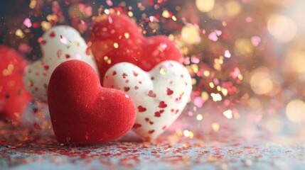 Obraz premium Colorful hearts and confetti scattered on a surface during a festive celebration