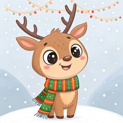 Naklejka premium Smiling reindeer wearing a Christmas scarf, kawaii illustration style, bright festive colors