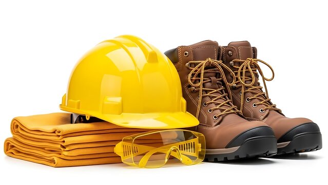 Essential personal protective equipment for construction workers on a white background