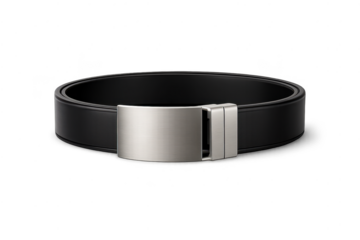 Stylish black belt with a brushed metal buckle, transparent background.