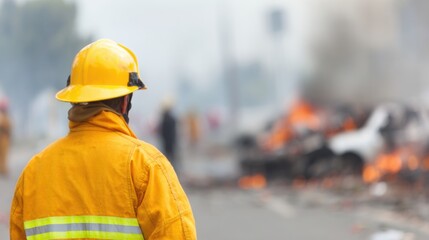 Firefighter responds to emergency at a roadside in a busy city
