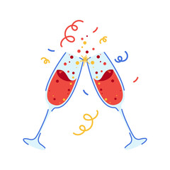 Two champagne glasses clinked. Serpentine and confetti. Line and silhouette.