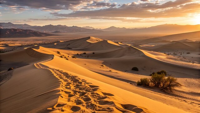 Golden desert sand dunes at sunset with dramatic light and shadows