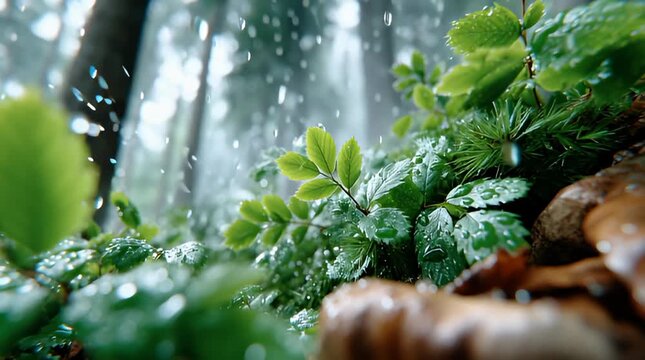 Frische Waldbl&auml;tter mit Tautropfen im nebligen Morgenwald
