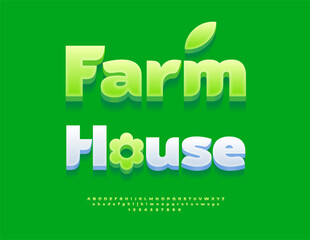 Vector Marketing poster Farm House with Decorative Flower. Fashion Green Font. Modern Artistic 3D Alphabet Letters and Numbers set
