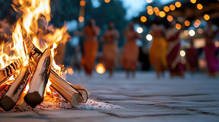 Lohri festival celebration at night, a traditional bonfire burning brightly with people gathering and enjoying the warm fire and festive atmosphere outdoors