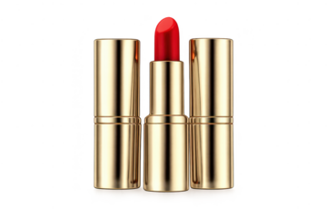 Elegant red lipstick on transparent background, golden tubes, beauty shot
