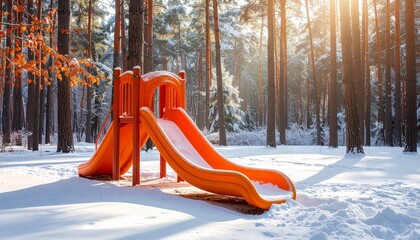 Orange playground slide on snowy ground in winter forest with sunlight and shadows.