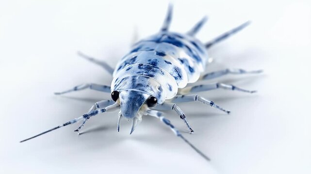 Detailed Close Up of a Blue and White Bug on White Background.