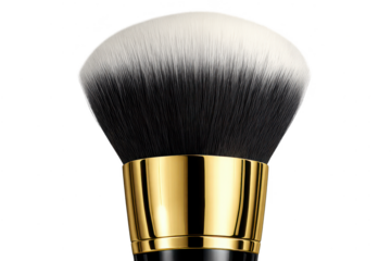 Makeup brush with golden ferrule on transparent background, close-up
