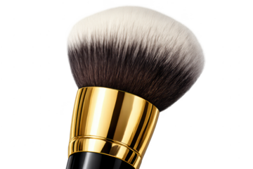 Makeup brush with gold ferrule, transparent background presentation.