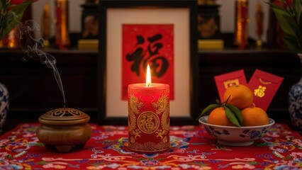 Traditional Chinese New Year altar with a lit red candle and incense. Offerings of tangerines and red envelopes for good fortune. Lunar New Year celebration and cultural tradition