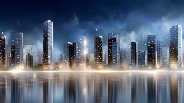 Moderne Skyline bei Nacht mit Nebel und Lichtreflexionen