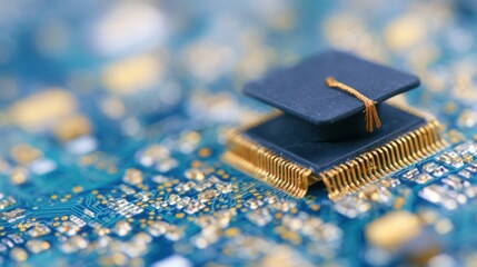 Microchip with graduation cap on circuit board at a technology event