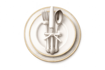 Elegant cutlery set on plates with a transparent background image.