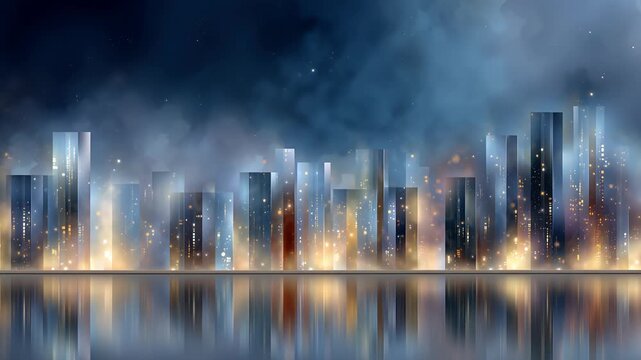 Moderne Skyline bei Nacht mit Nebel und Lichtreflexionen