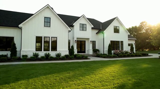 Elegant white modern farmhouse exterior with a manicured green lawn and beautiful landscaping at golden hour