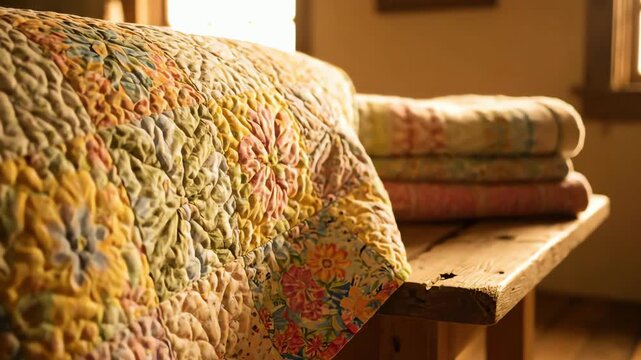 Nostalgic vintage patchwork quilt with intricate stitching creates a cozy and comfortable home atmosphere