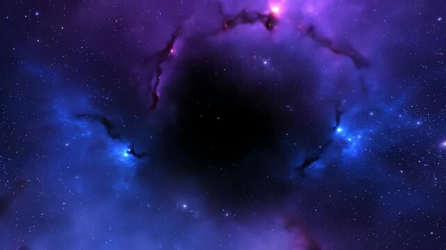 An immersive journey flying through a stunning purple and blue cosmic nebula in deep space