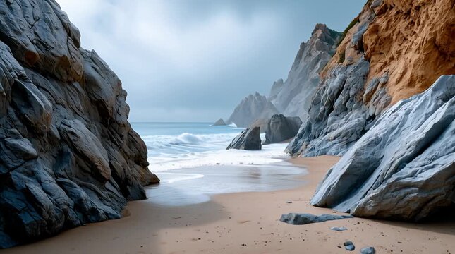 Felsige K&uuml;stenlandschaft mit t&uuml;rkisblauem Meer und einsamem Sandstrand