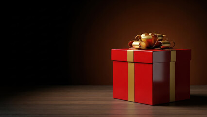 A striking red gift box with a gold bow sits elegantly on a dark surface, illuminated by a spotlight
