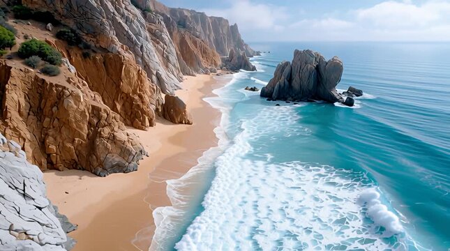 Felsige K&uuml;stenlandschaft mit t&uuml;rkisblauem Meer und einsamem Sandstrand