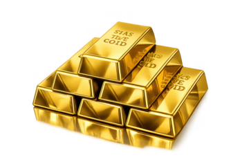 Shiny stack of gold bullion bars against transparent background image.