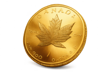 Gold Canadian Maple Leaf Coin, shiny metal on transparent background.