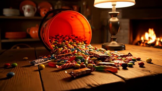 Halloween candy spilling from a jack-o-lantern bucket onto a wooden table by a cozy fireplace.