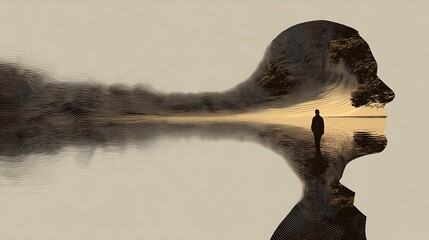 a silhouette head filled with echoing sound waves and reflections of memories, symbolizing inner thoughts and overthinking, surreal minimalism, 