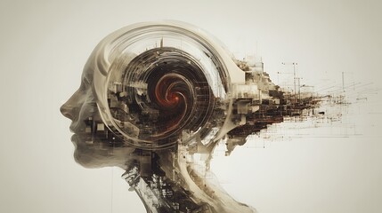 a transparent head filled with spiraling sound waves and fragmented memories, conceptual mental landscape, 