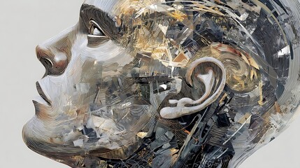 a transparent head filled with spiraling sound waves and fragmented memories, conceptual mental landscape, 