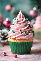 Festive cupcake with pink frosting and holiday decorations on a Christmas-themed background