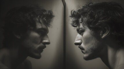 mirror reflection showing two different emotional states of the same person, fine art photography style, 