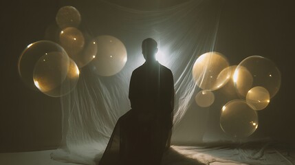 shadow figure surrounded by glowing orbs symbolizing intrusive thoughts and self-reflection, moody soft lighting, 