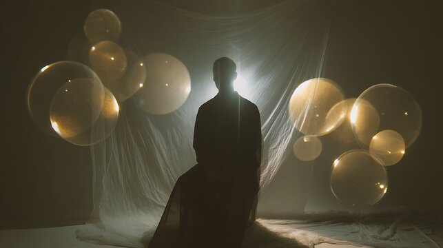 shadow figure surrounded by glowing orbs symbolizing intrusive thoughts and self-reflection, moody soft lighting, 