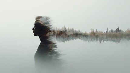 a human silhouette dissolving into echoes of sound and mist, metaphor for fading mental clarity, abstract conceptual style, 