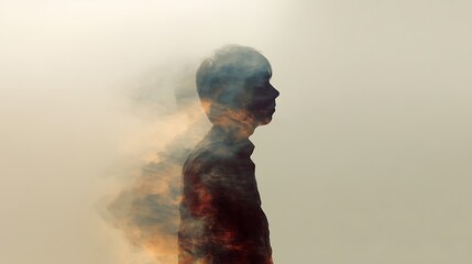 a human silhouette dissolving into echoes of sound and mist, metaphor for fading mental clarity, abstract conceptual style, 