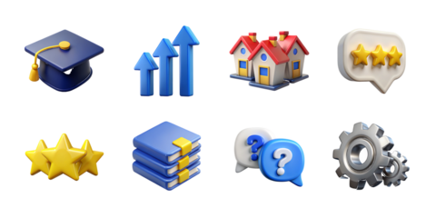 Set of colorful 3 D with stars, books, houses, and gears isolated on a transparent background