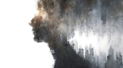 a human silhouette dissolving into echoes of sound and mist, metaphor for fading mental clarity, abstract conceptual style, 