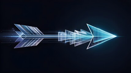 Futuristic arrow of layered blue-white glowing data triangles – Perfect for speed, precision, or high-tech digital interface design.