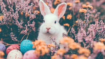 White rabbit sits among flowers and colorful eggs during springtime festival
