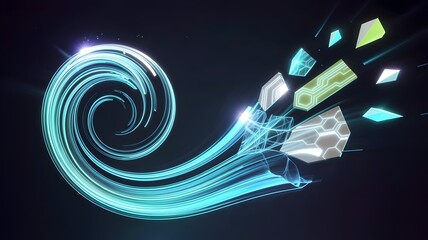 Glowing digital spiral fragmenting into geometric tech elements – Suitable for technology evolution, abstract change, or futuristic design.