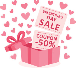 Valentine Day Sale concept. Special offer price sign. Advertising Discounts symbol. Promo code coupons and pink hearts fly out of the open gift box, isolated on white background. 