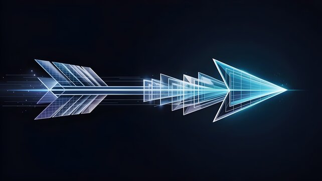 Futuristic arrow of layered blue-white glowing data triangles – Perfect for speed, precision, or high-tech digital interface design. - Powered by Adobe