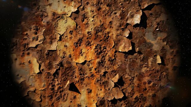 Abstract animation of a decaying metal surface with peeling paint and spreading rust against a space background