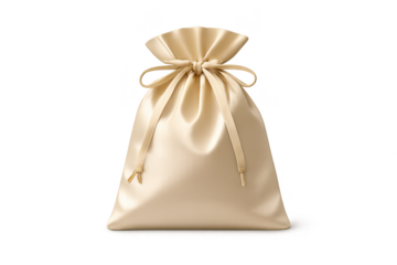 Beige satin pouch isolated on transparent background, tied with ribbons.