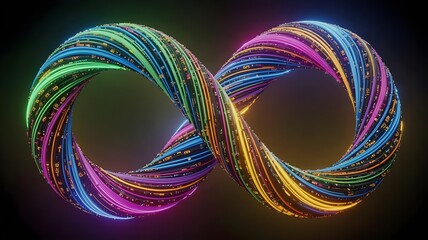 Infinity symbol constructed from flowing lines of code and data streams – Suitable for digital communication, cybernetics, or coding themes.
