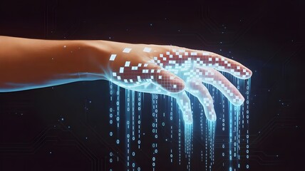 Human hand dissolving into glowing pixels and streams of binary code – Suitable for digital transformation, data loss, or cyber security.