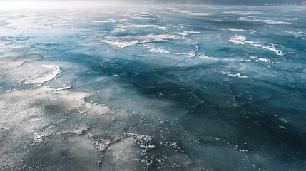 frozen lake surface with thin ice and snow dust, minimalist winter abstract texture, high-resolution